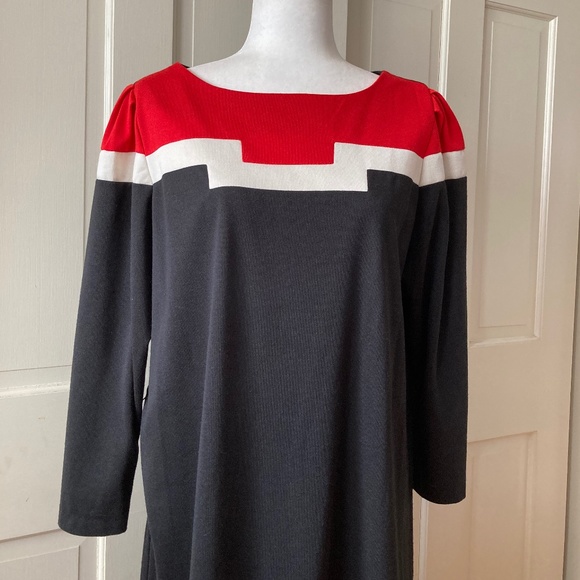 Vintage 1960s Sears Black Dress Blocked Red/White Knit Mod Dress SZ 14 - Picture 4 of 11